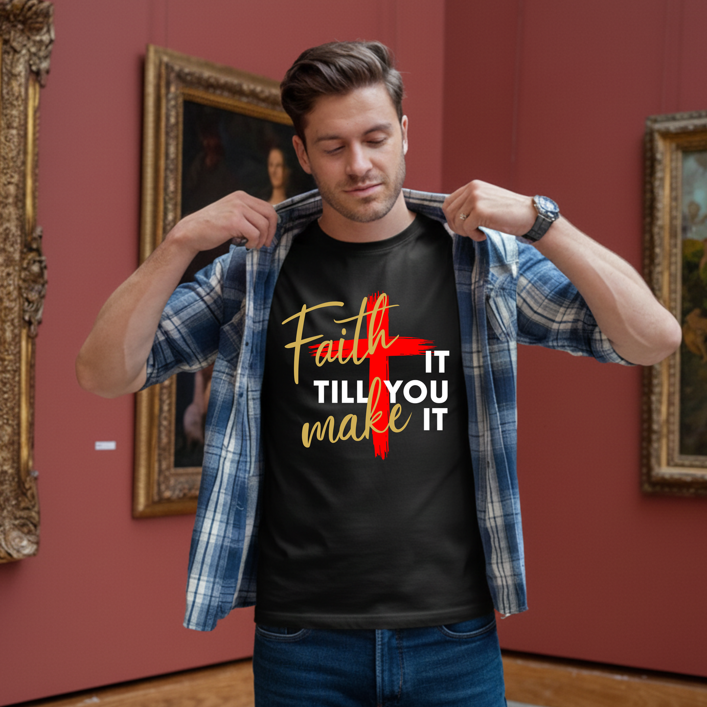 "Faith It Till You Make It" Christian Motivational T-Shirt – Bold Cross Design