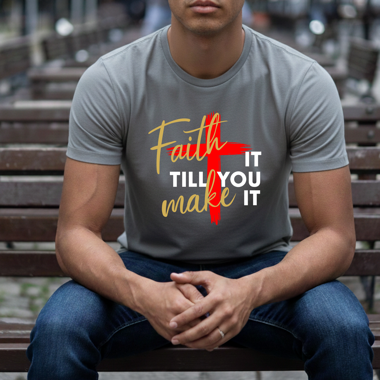 "Faith It Till You Make It" Christian Motivational T-Shirt – Bold Cross Design