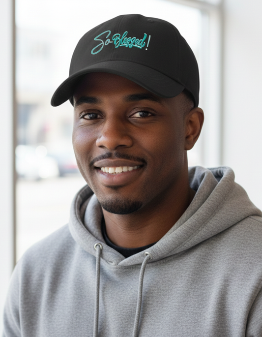 “So Blessed!” Christian Unisex Hat – Bold Teal Black Baseball Faith Cap – Inspirational Adjustable Hat | Teem-J Inc Ottawa Canada