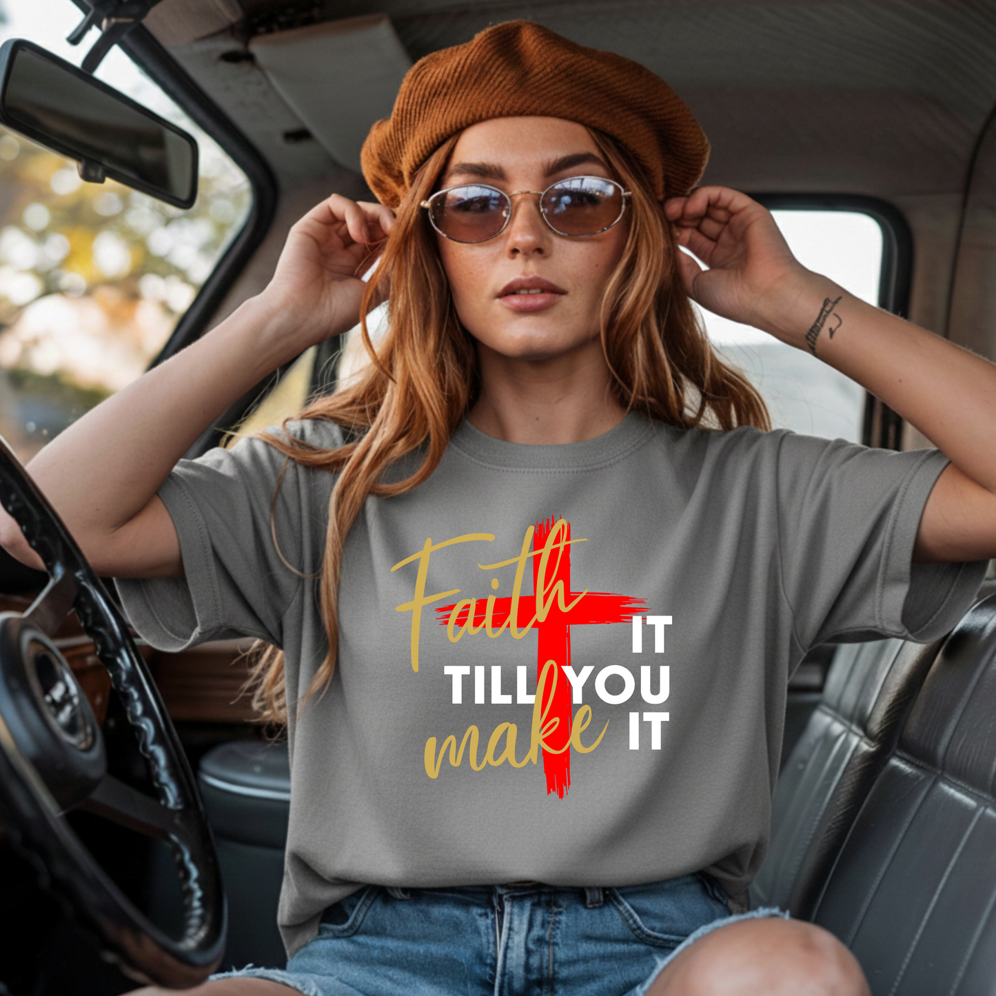"Faith It Till You Make It" Christian Motivational T-Shirt – Bold Cross Design