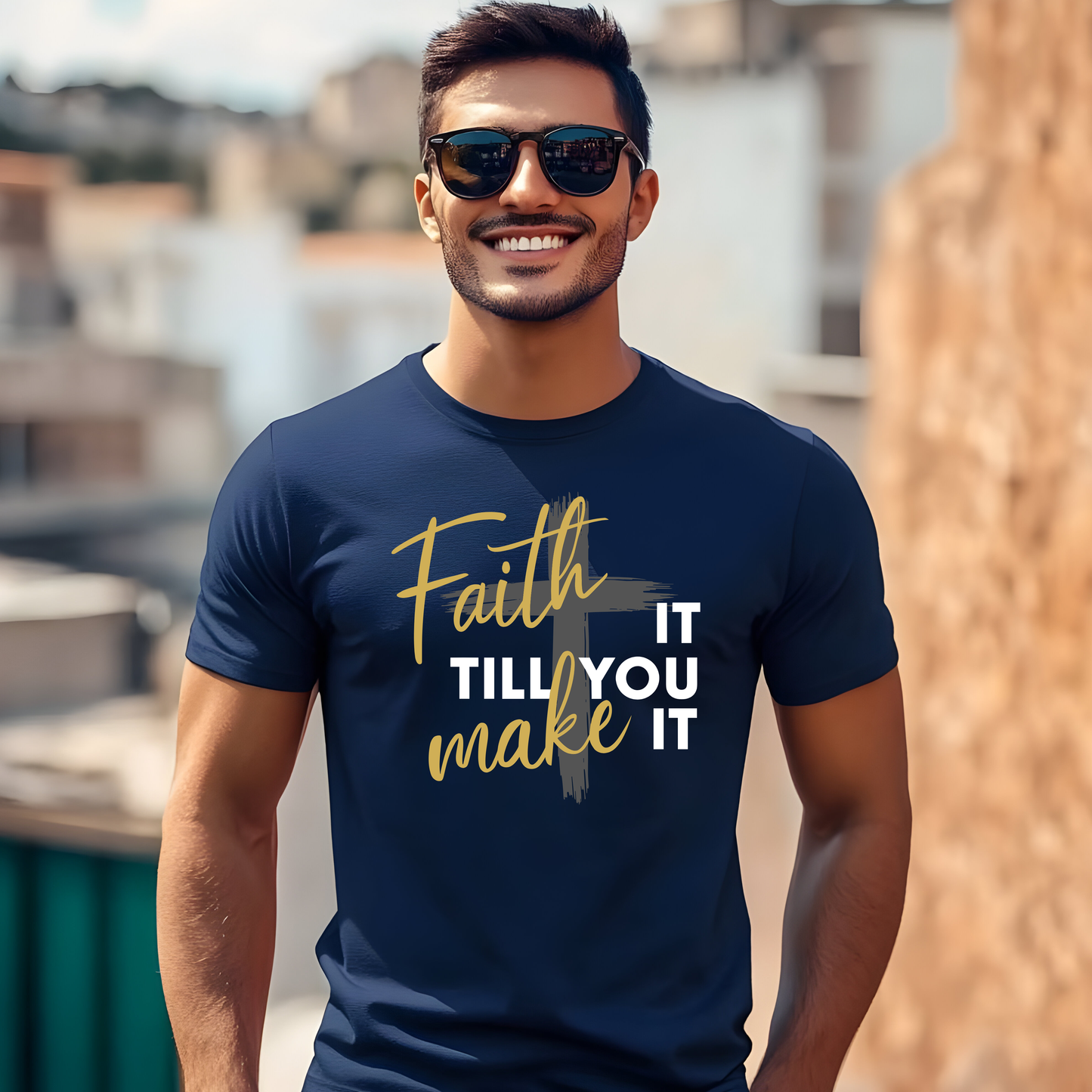 "Faith It Till You Make It" Christian Motivational T-Shirt – Bold Cross Design