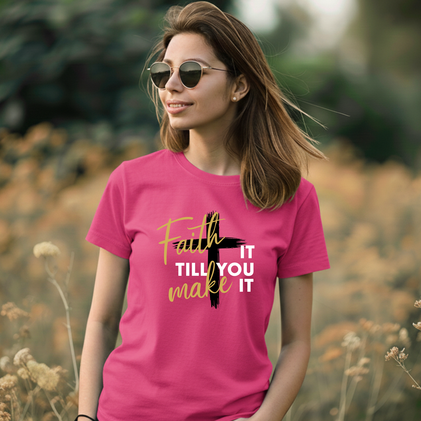 "Faith It Till You Make It" Christian Motivational T-Shirt – Bold Cross Design