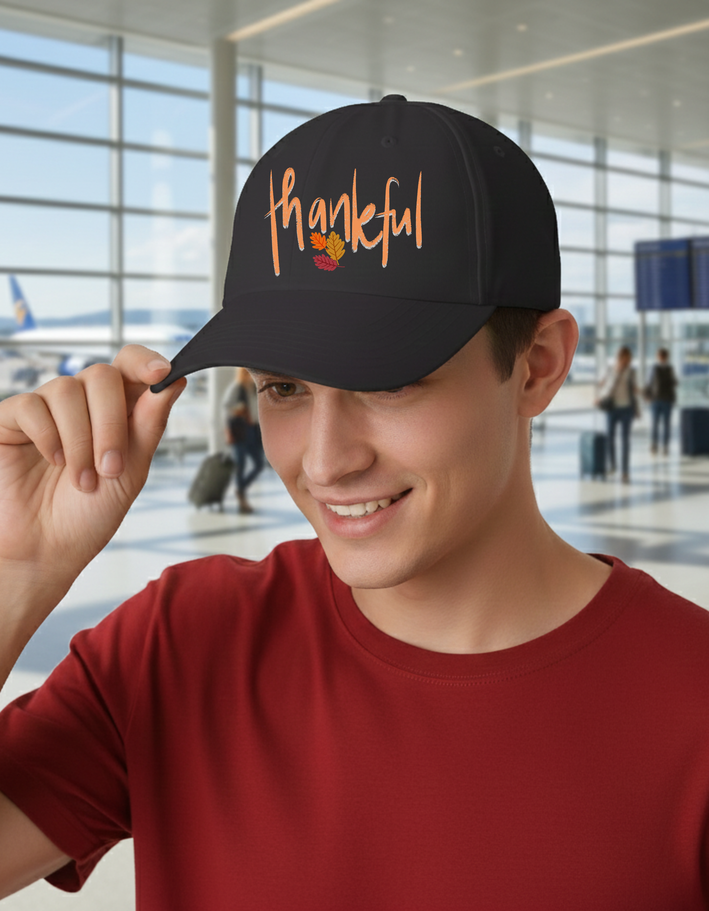 “Thankful” Everyday Gratitude Hat – Unisex Black Baseball Cap with Fall Leaf Accent